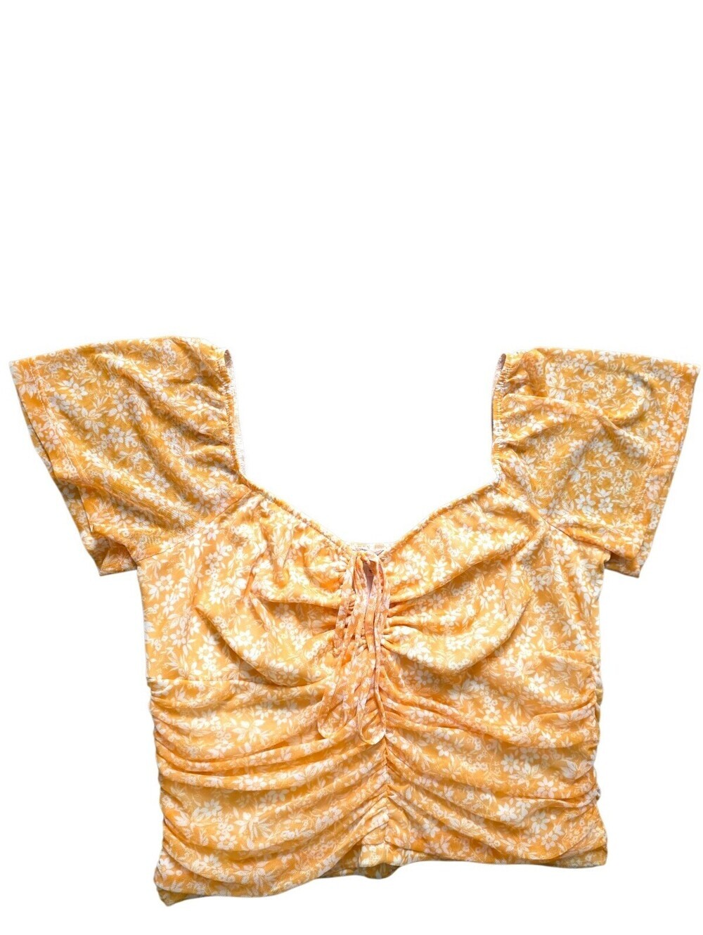Rewind Yellow Floral Ruched Crop Top Puff Sleeve Cottagecore Coquette Size L